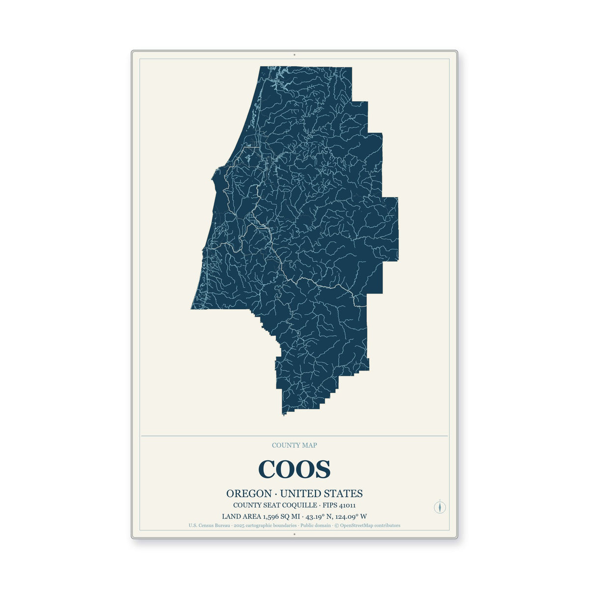Coos County, Oregon Map Aluminum Sign in Coastal Cutout style