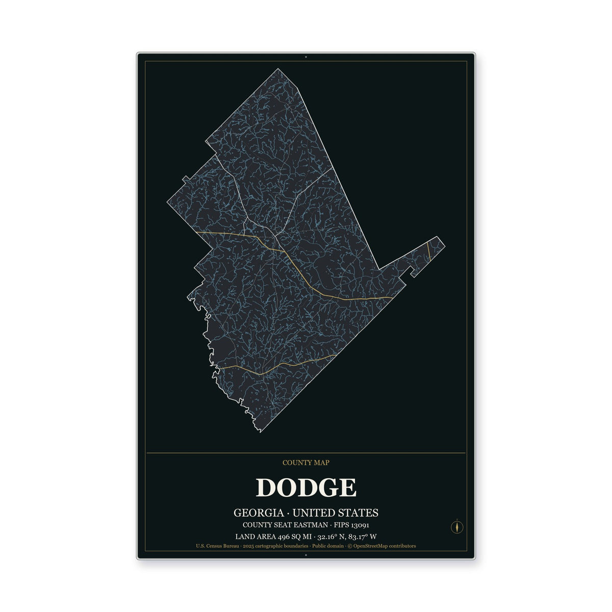 Dodge County, Georgia Map Aluminum Sign in Metropolitan Noir style