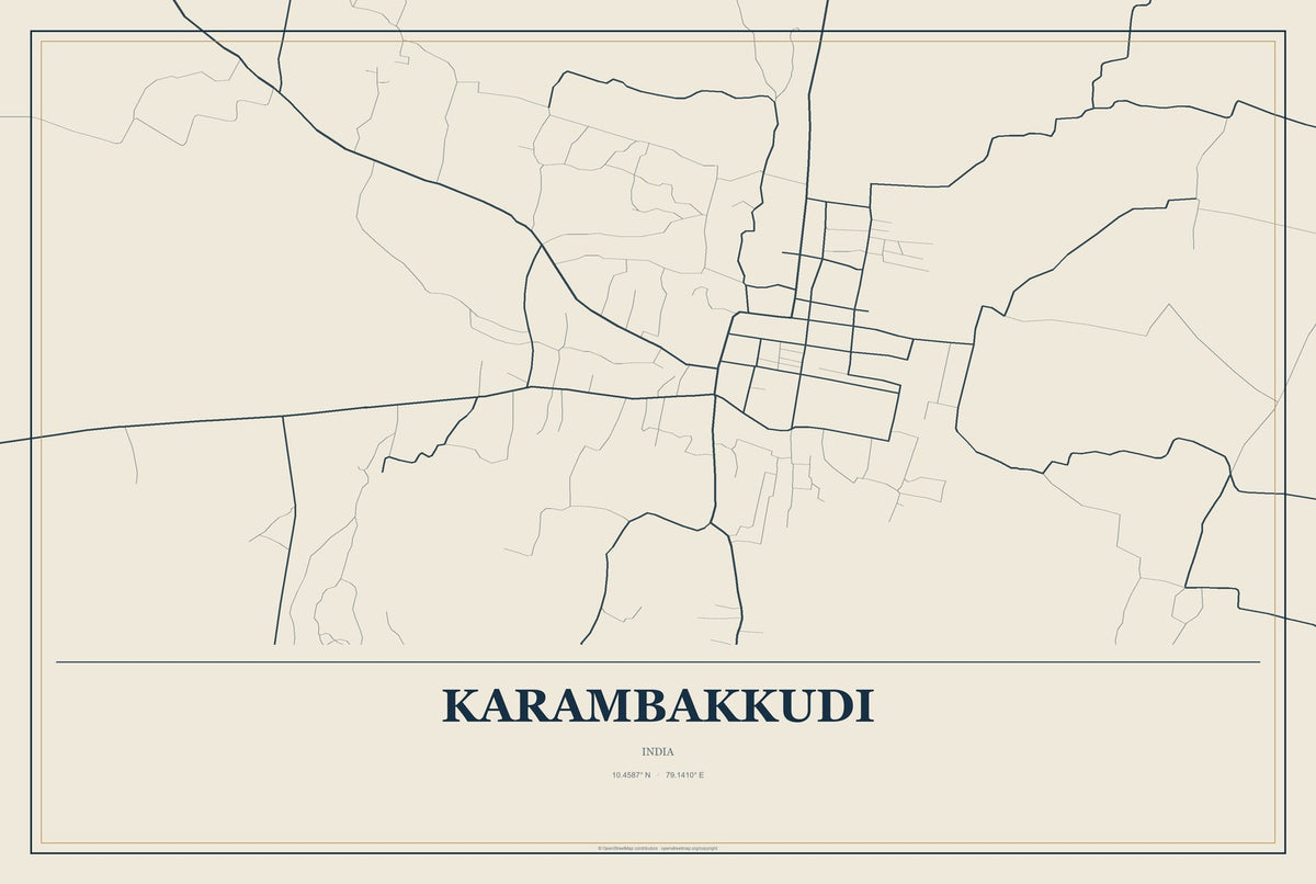 Karambakkudi, India City Map Aluminum Sign in Coastal Cutout style