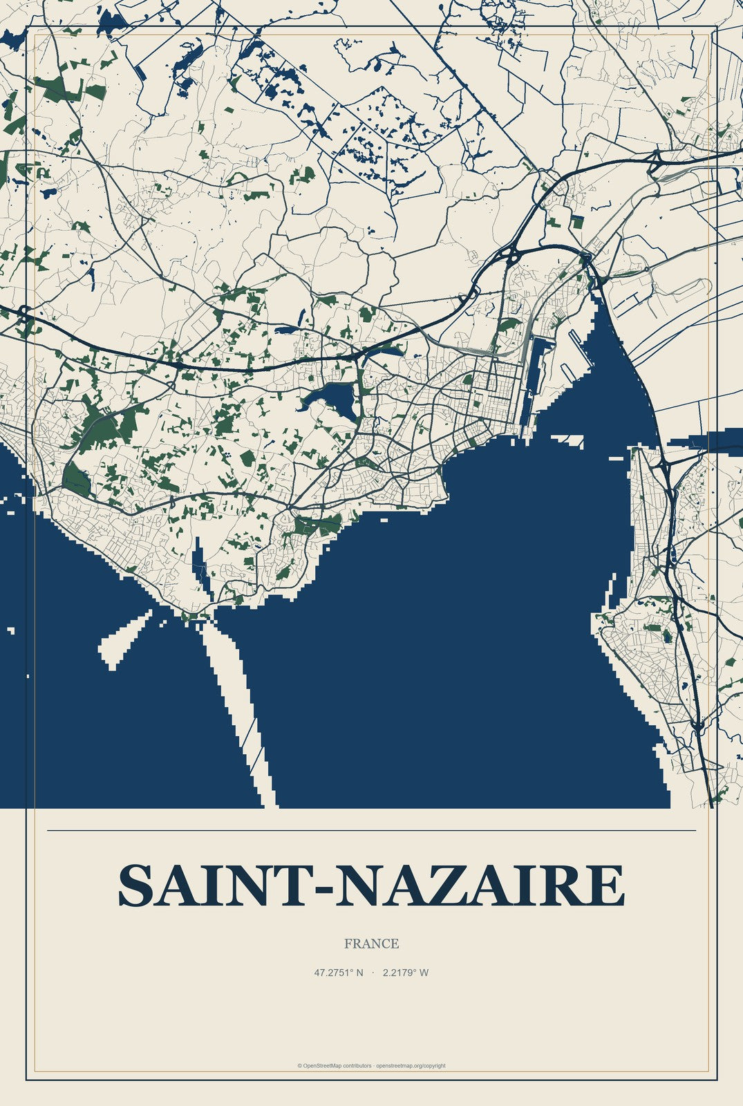 Saint-Nazaire, France City Map Aluminum Sign in Coastal Cutout style