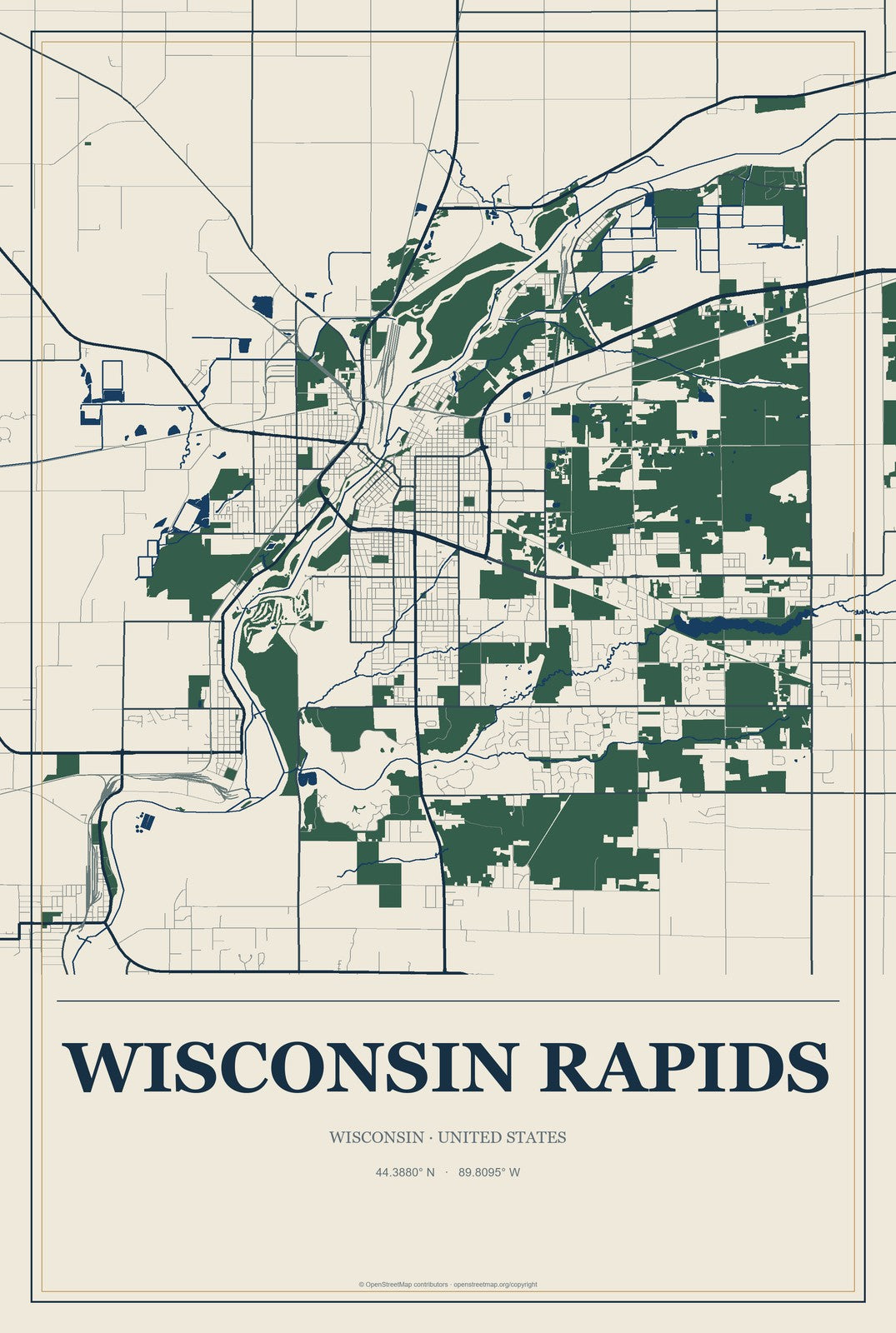 Wisconsin Rapids, Wisconsin City Map Aluminum Sign in Coastal Cutout style