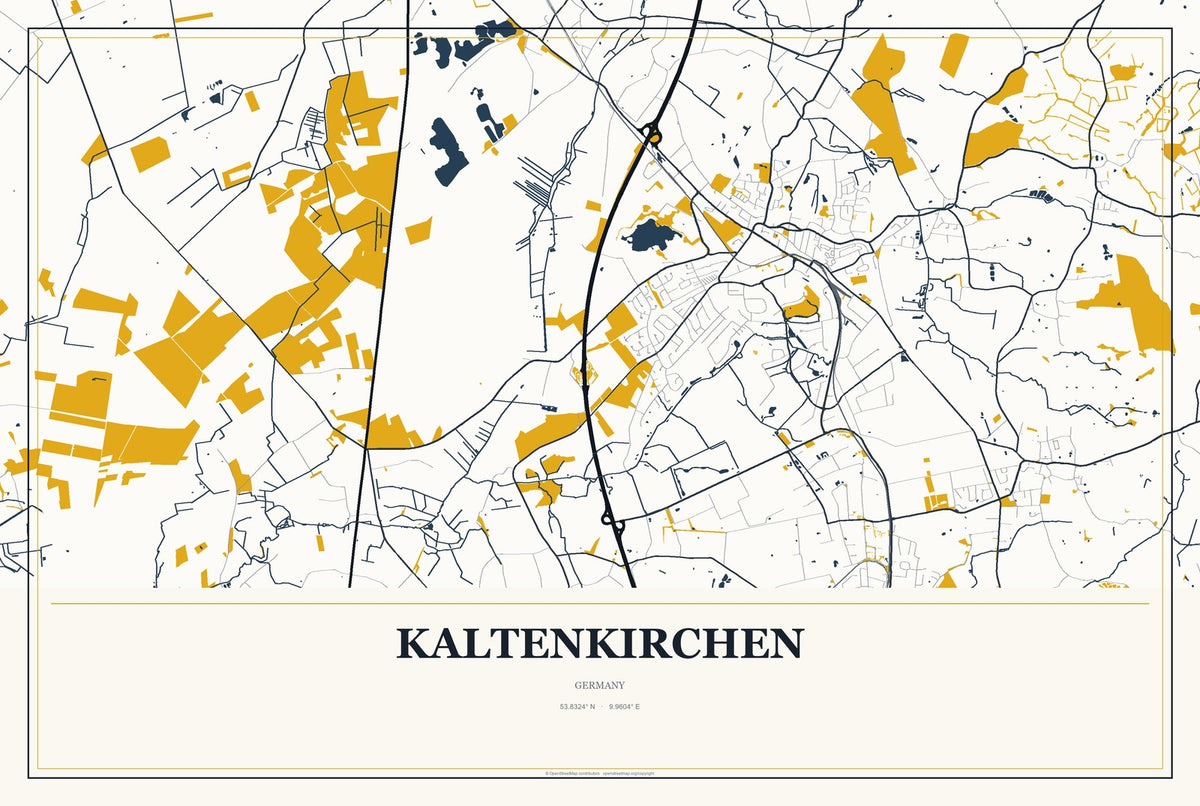 Kaltenkirchen, Germany City Map Aluminum Sign in Citrine Modern style