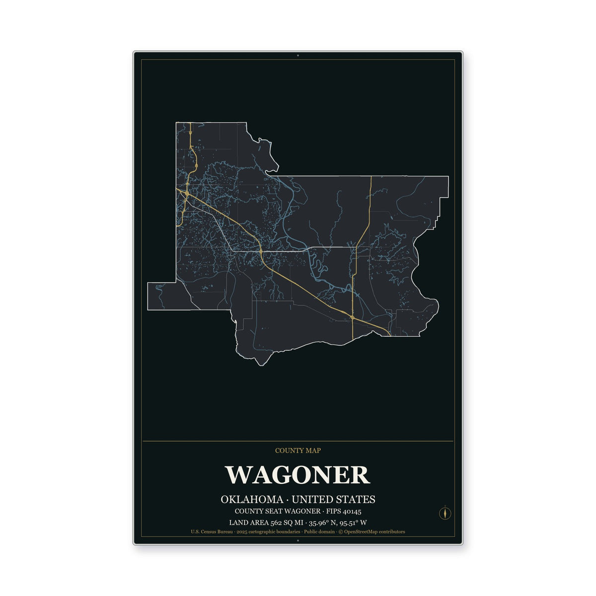 Wagoner County, Oklahoma Map Aluminum Sign in Metropolitan Noir style