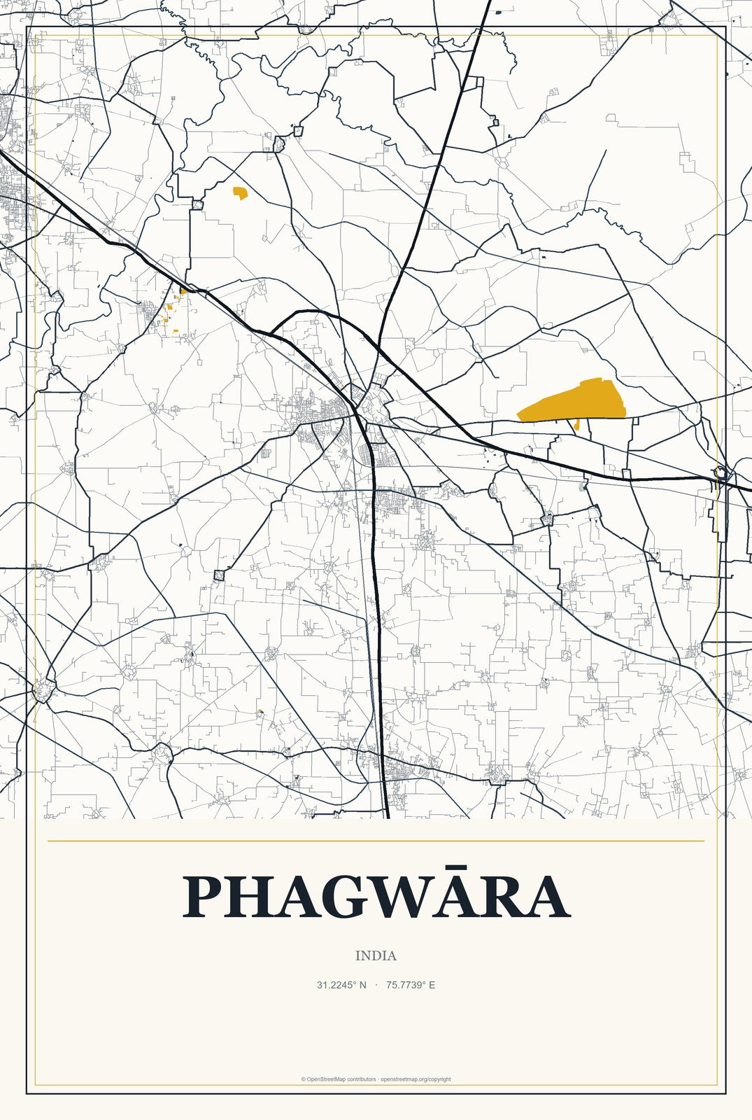 Phagwāra, India City Map Aluminum Sign in Citrine Modern style
