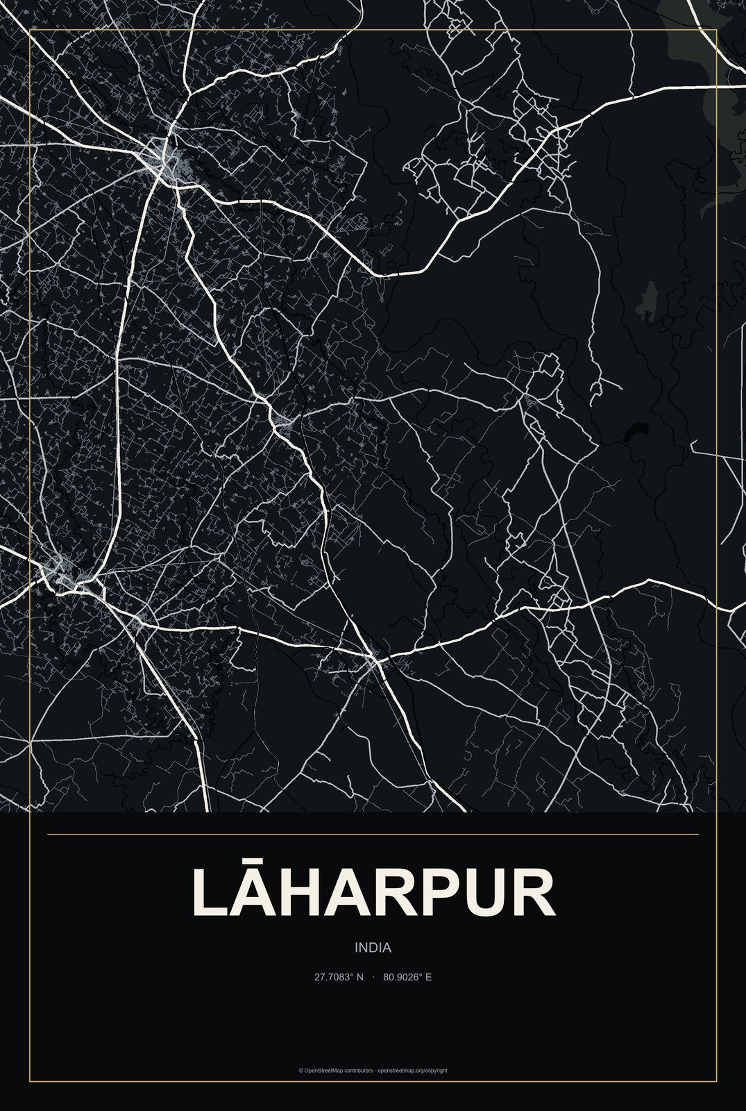 Lāharpur, India City Map Aluminum Sign in Metropolitan Noir style