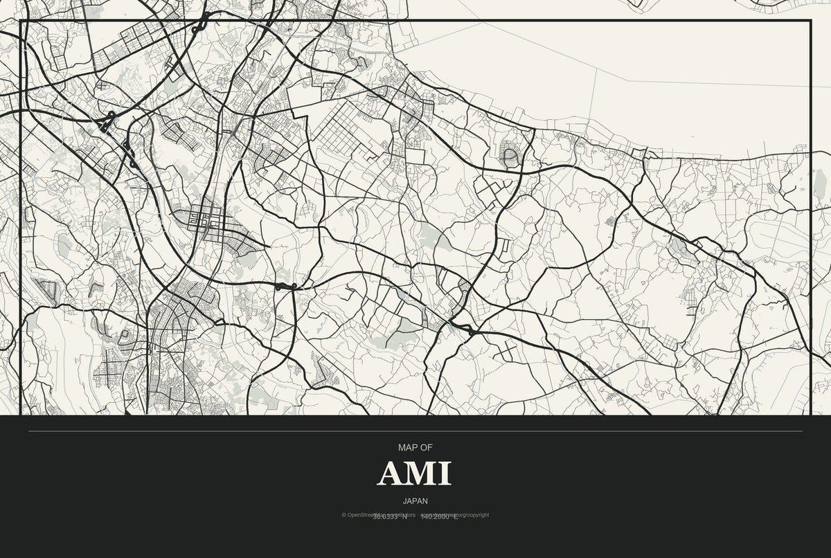 Ami, Japan City Map Aluminum Sign in Museum Plaque style