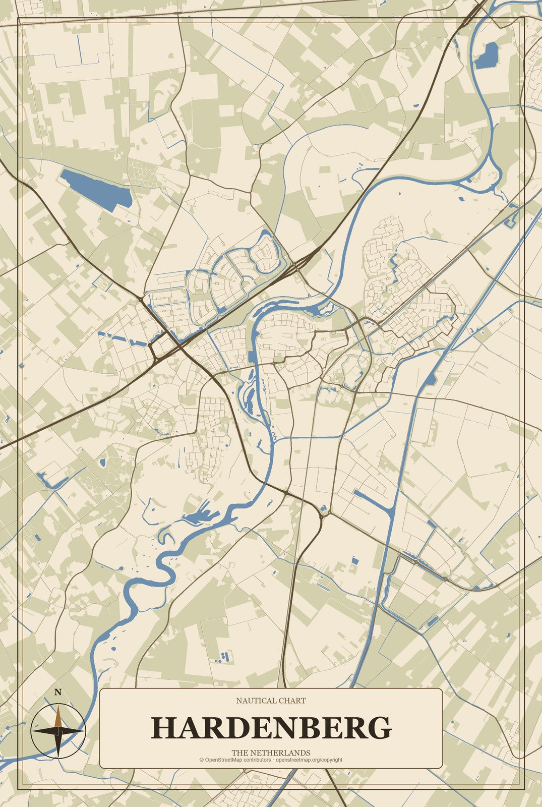 Hardenberg, The Netherlands City Map Aluminum Sign in Heritage Nautical style
