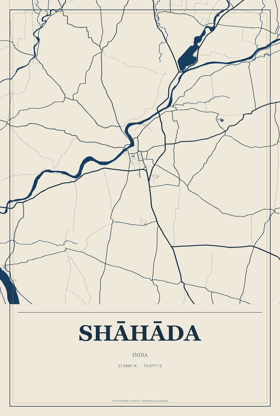 Shāhāda, India City Map Aluminum Sign in Coastal Cutout style