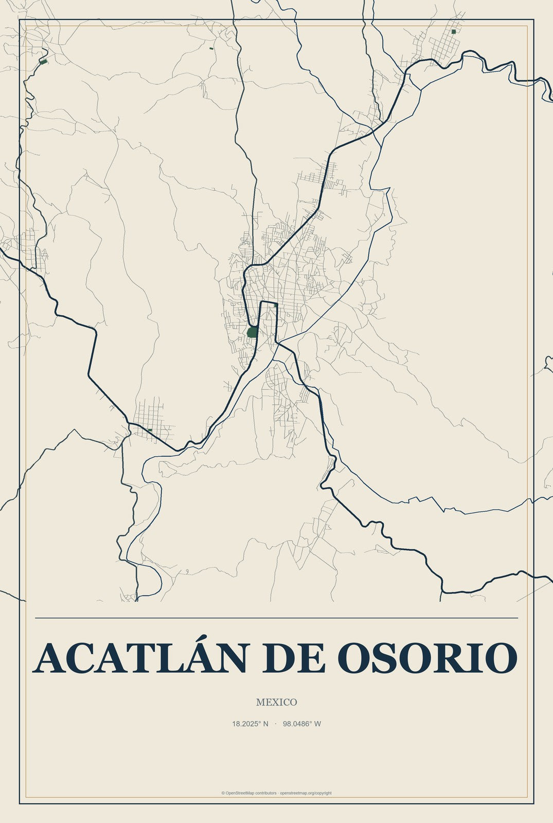 Acatlán de Osorio, Mexico City Map Aluminum Sign in Coastal Cutout style