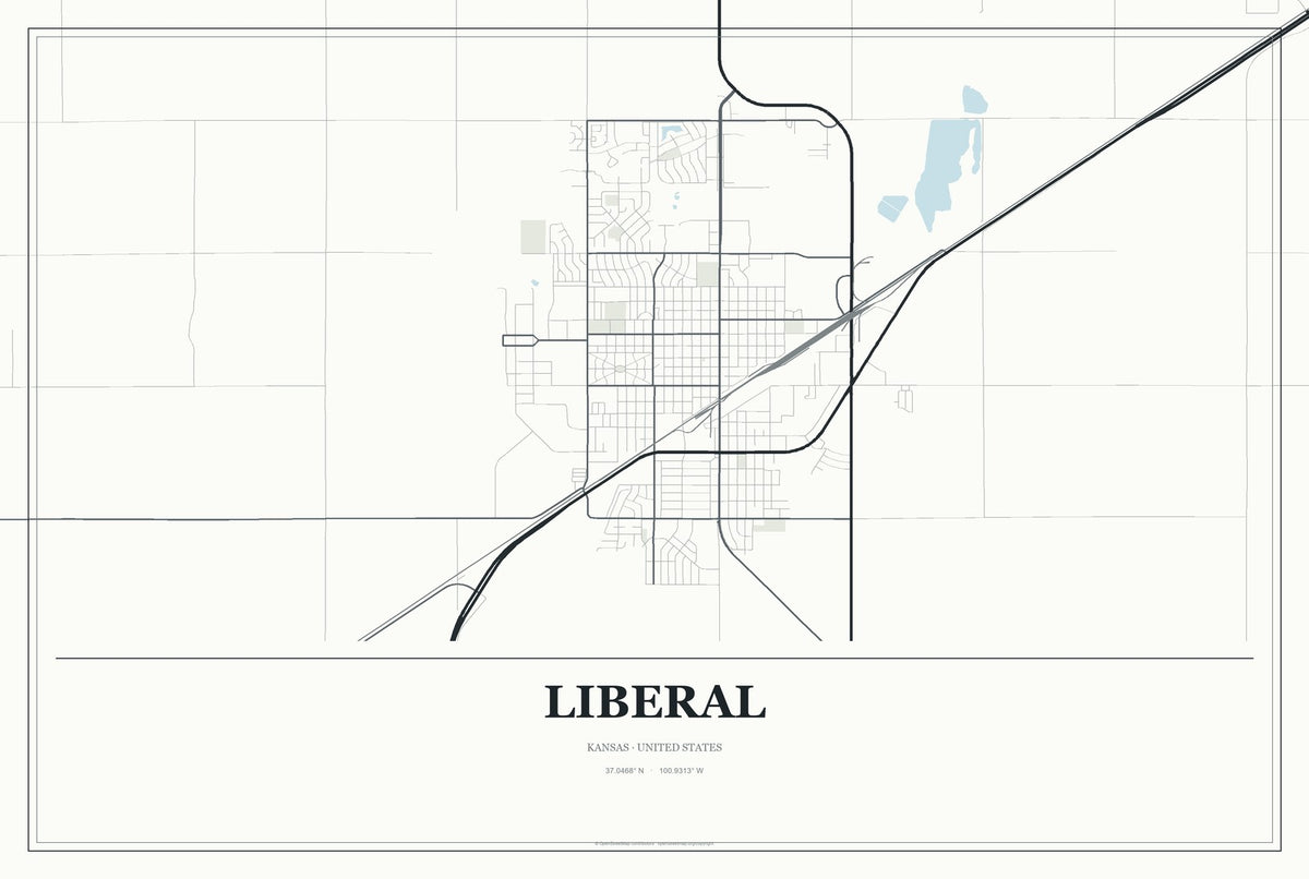 Liberal, Kansas City Map Aluminum Sign in Gallery Air style