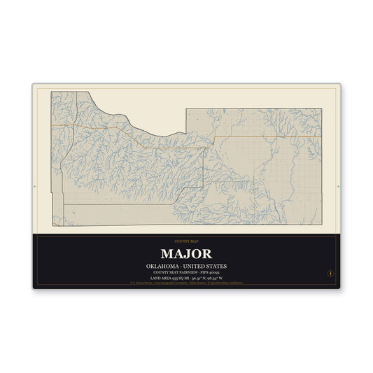Major County, Oklahoma Map Aluminum Sign in Museum Plaque style