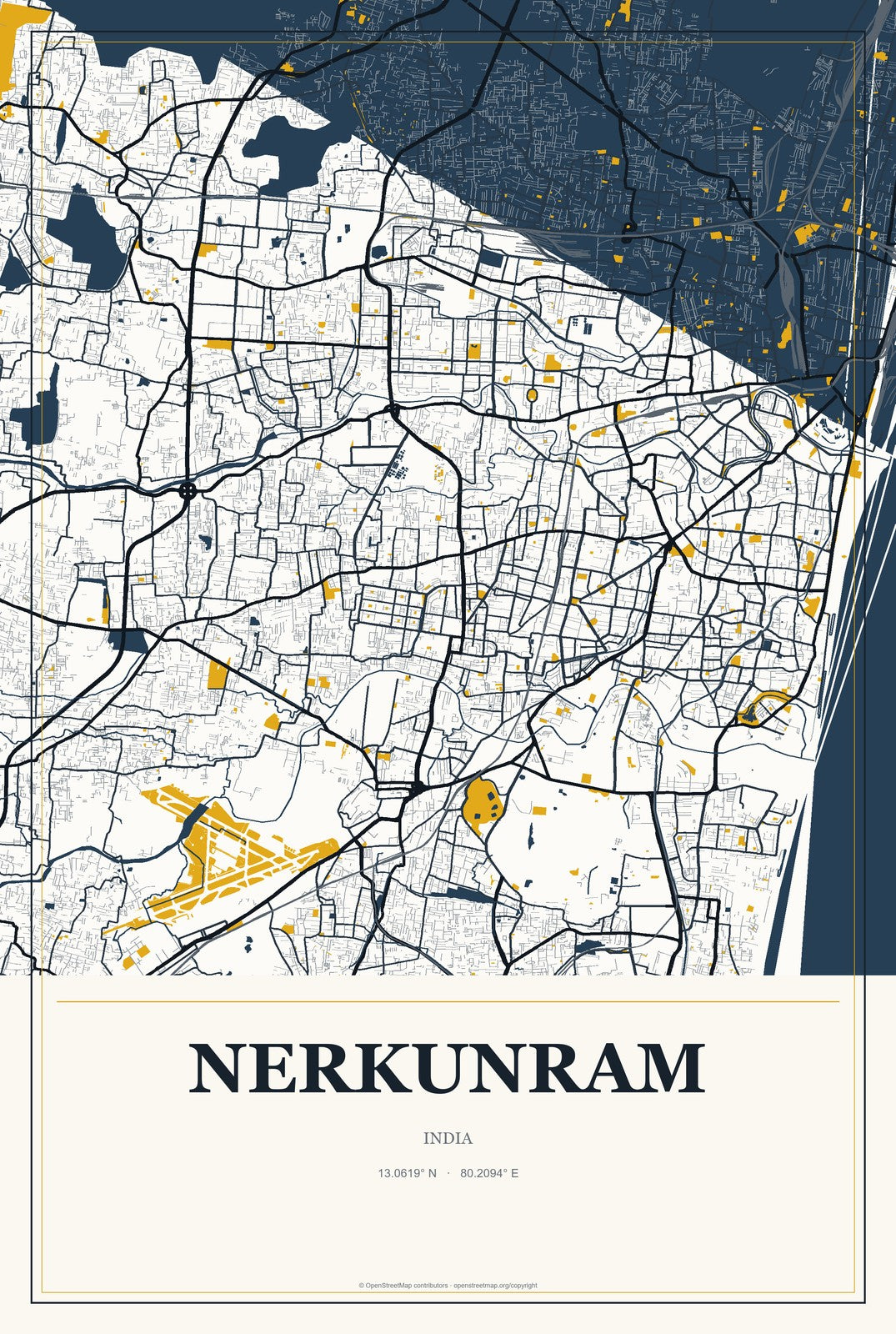 Nerkunram, India City Map Aluminum Sign in Citrine Modern style