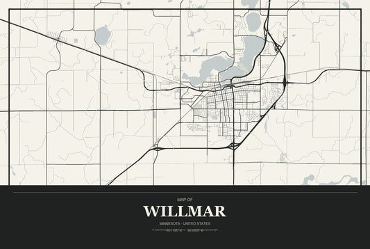 Willmar, Minnesota City Map Aluminum Sign in Museum Plaque style
