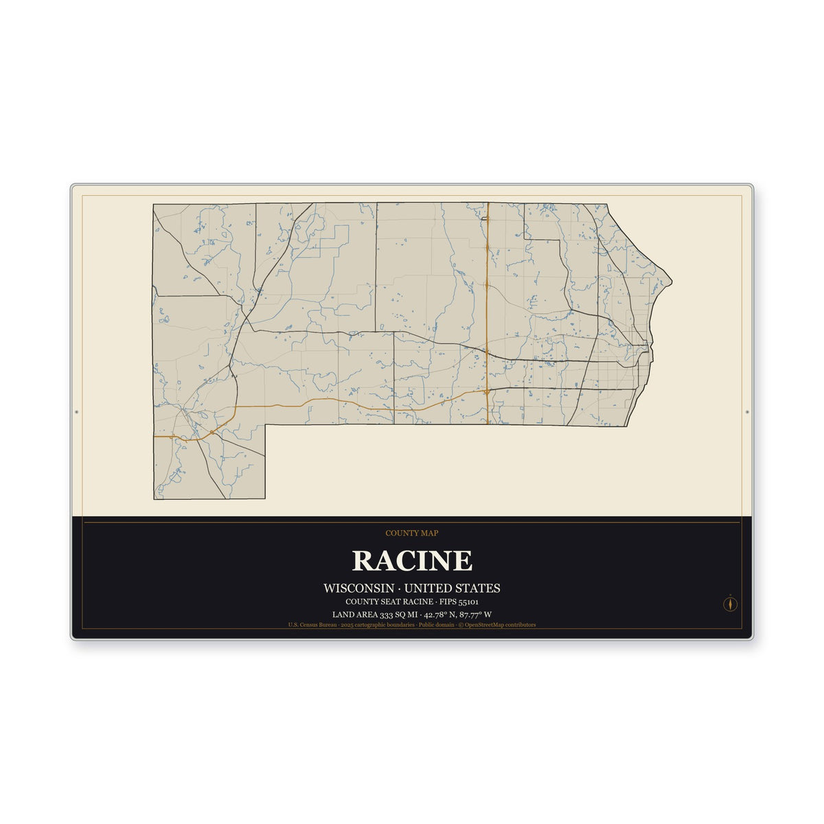 Racine County, Wisconsin Map Aluminum Sign in Museum Plaque style