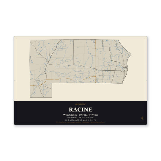 Racine County, Wisconsin Map Aluminum Sign in Museum Plaque style