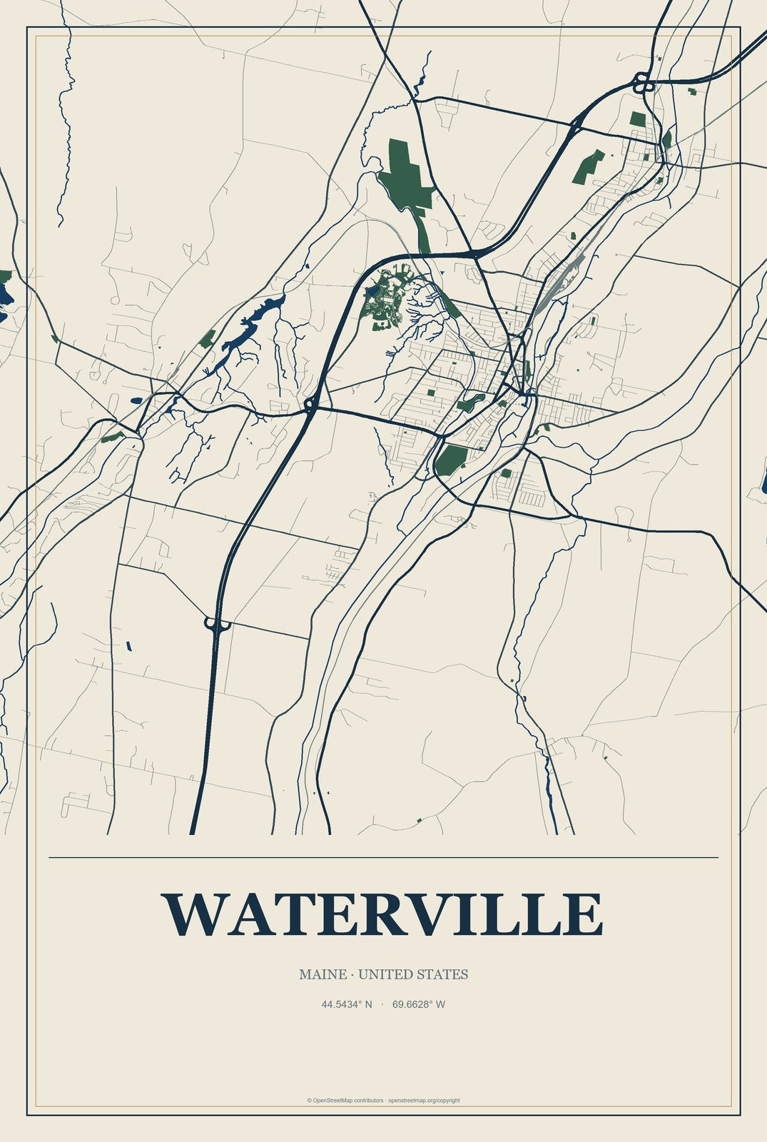 Waterville, Maine City Map Aluminum Sign in Coastal Cutout style