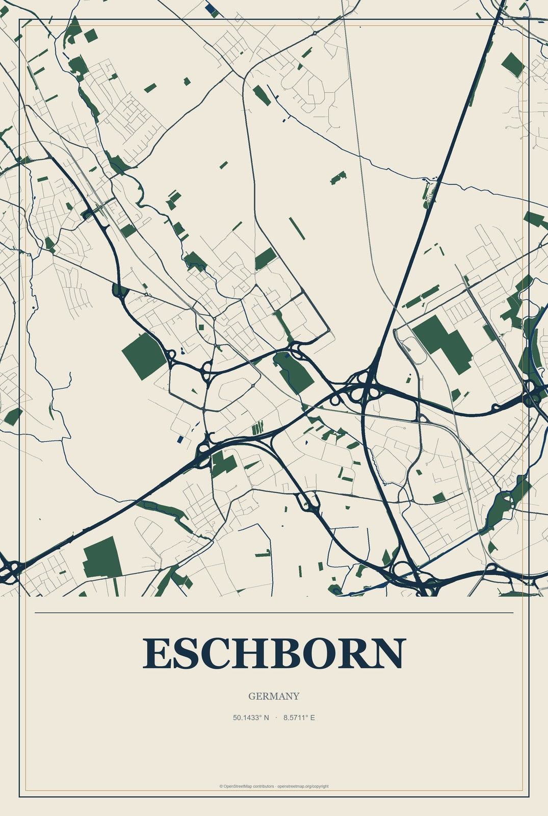 Eschborn, Germany City Map Aluminum Sign in Coastal Cutout style
