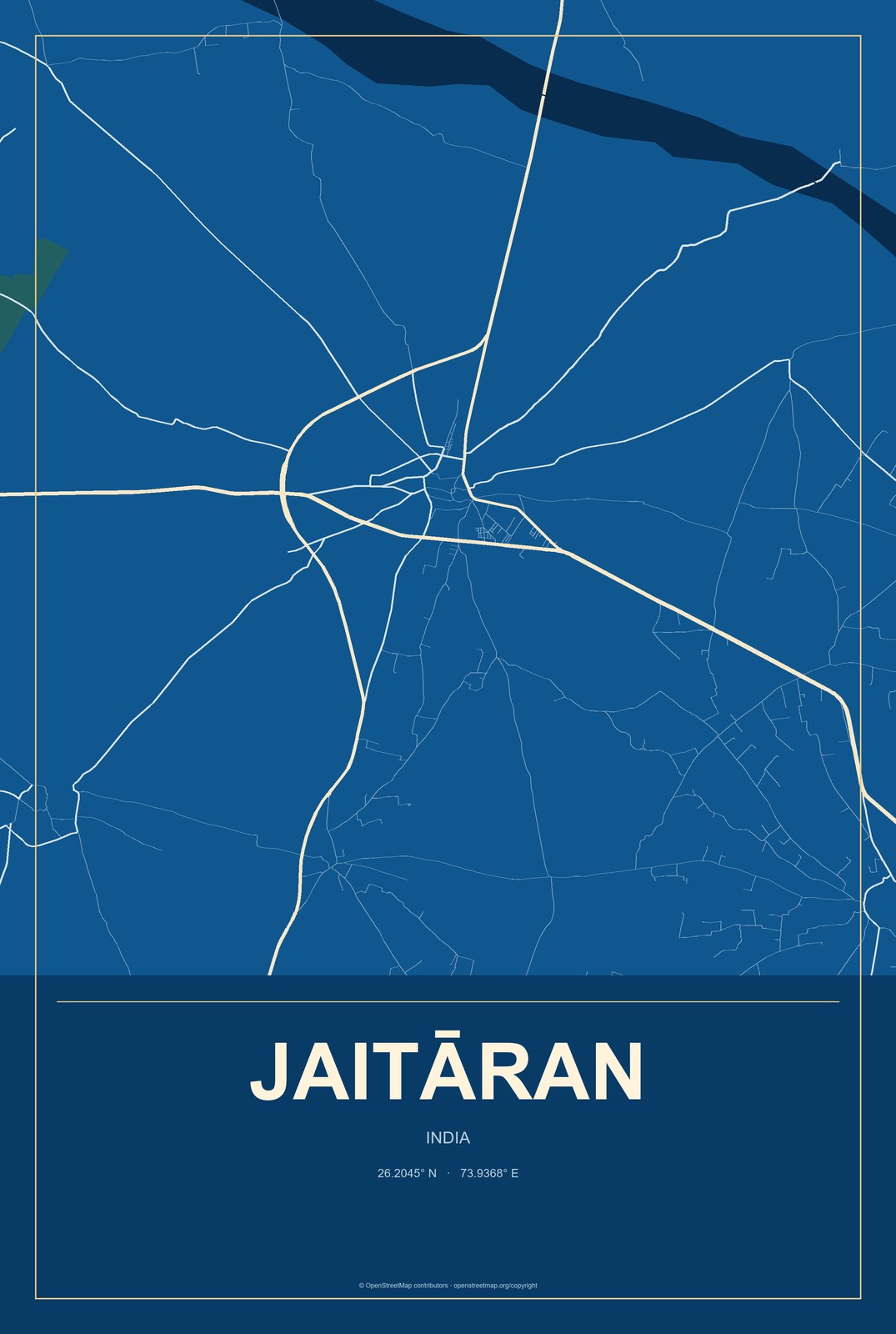 Jaitāran, India City Map Aluminum Sign in Harbor Cobalt style