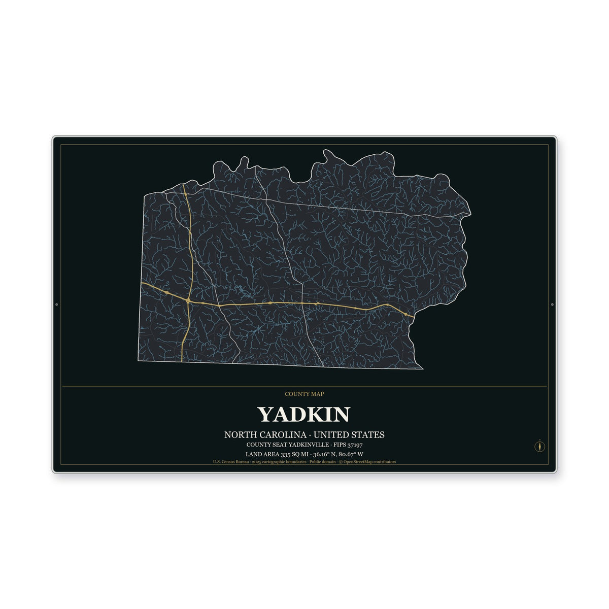 Yadkin County, North Carolina Map Aluminum Sign in Metropolitan Noir style