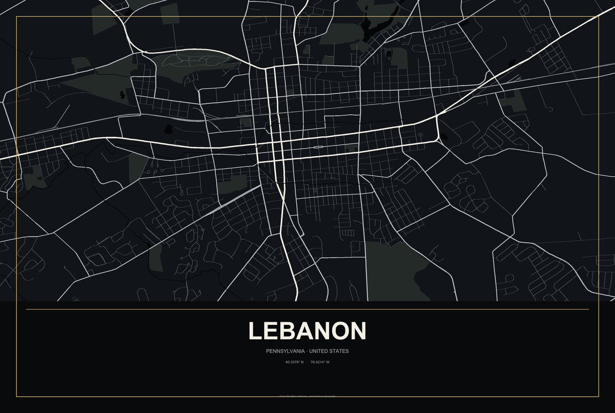 Lebanon, Pennsylvania City Map Aluminum Sign in Metropolitan Noir style