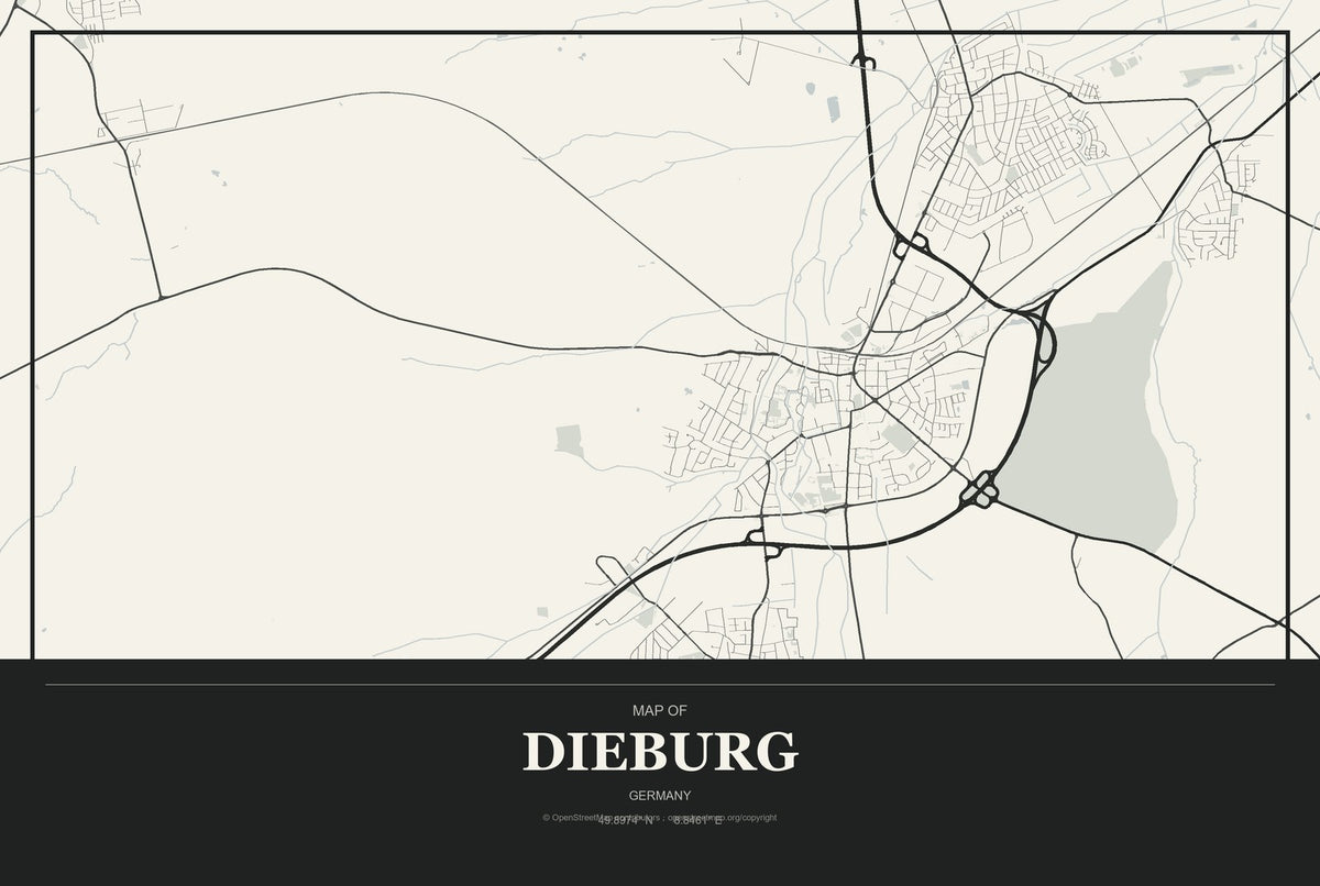 Dieburg, Germany City Map Aluminum Sign in Museum Plaque style
