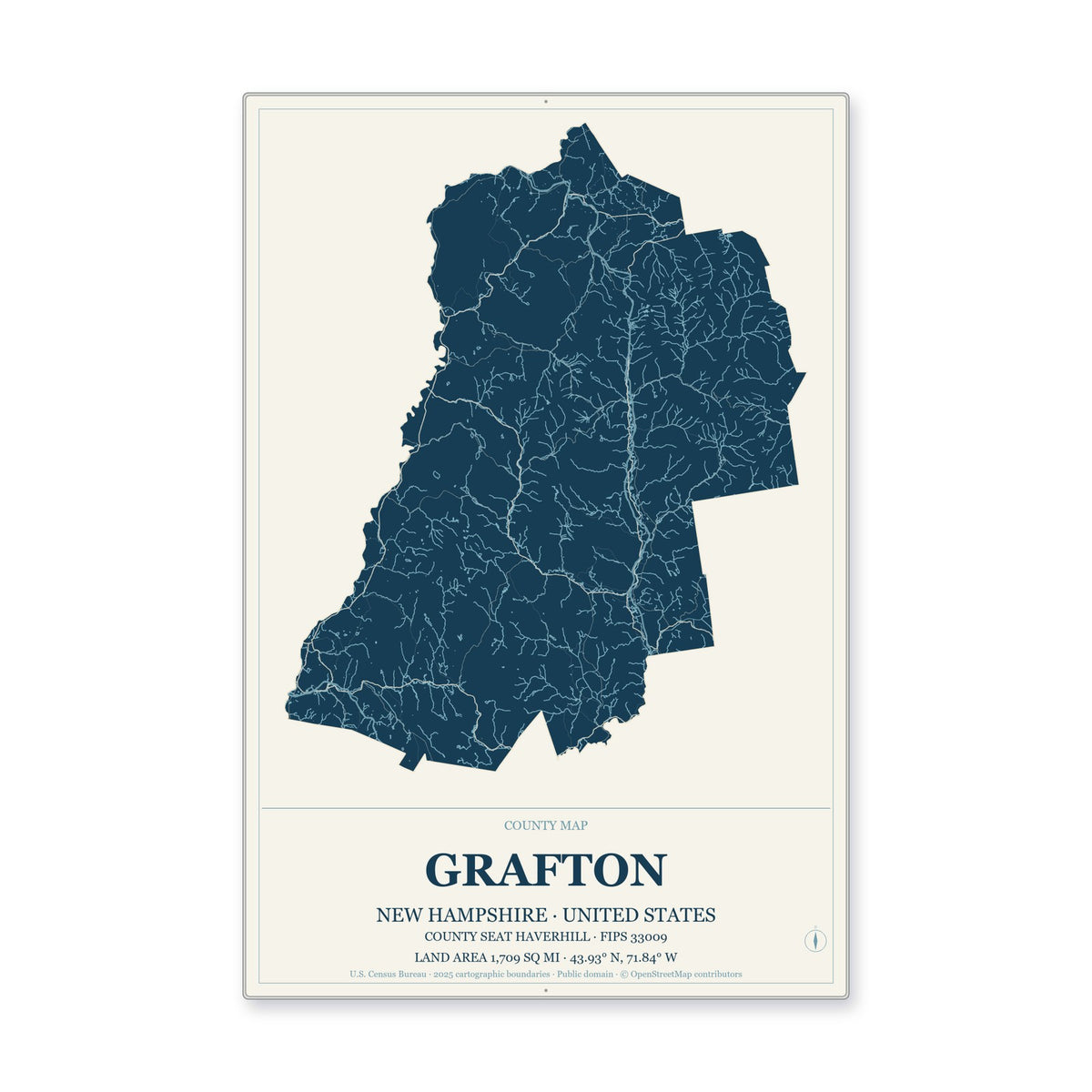 Grafton County, New Hampshire Map Aluminum Sign in Coastal Cutout style