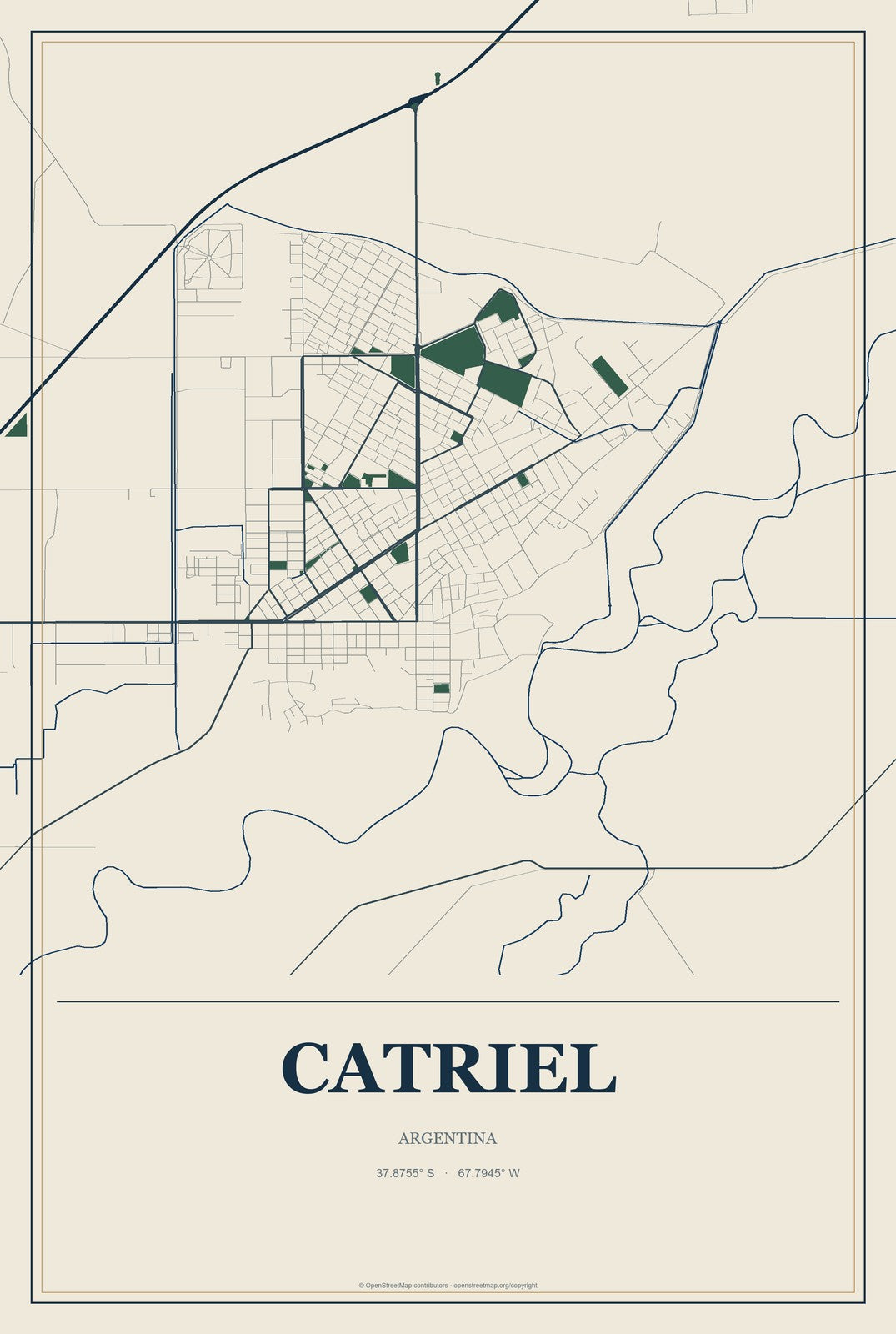Catriel, Argentina City Map Aluminum Sign in Coastal Cutout style