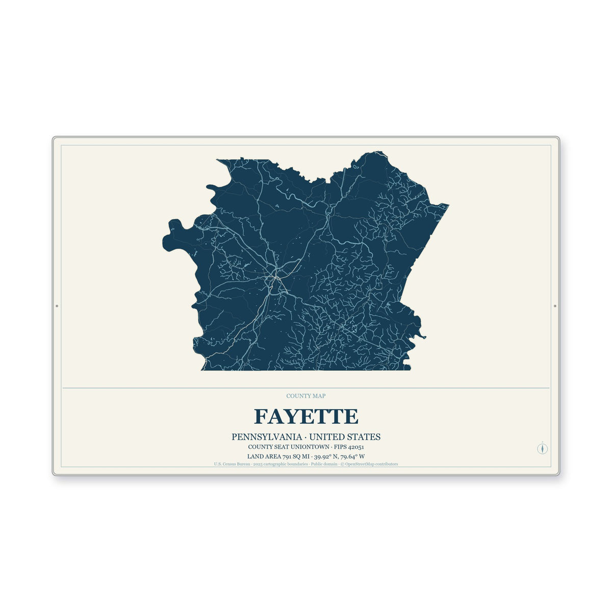 Fayette County, Pennsylvania Map Aluminum Sign in Coastal Cutout style