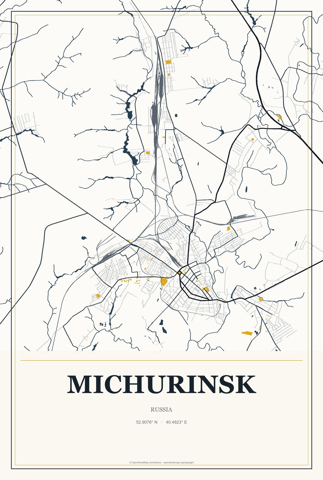 Michurinsk, Russia City Map Aluminum Sign in Citrine Modern style