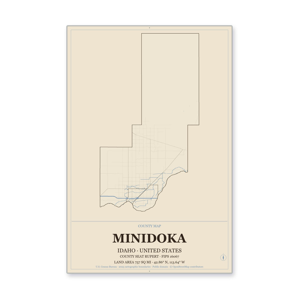 Minidoka County, Idaho Map Aluminum Sign in Heritage Nautical style