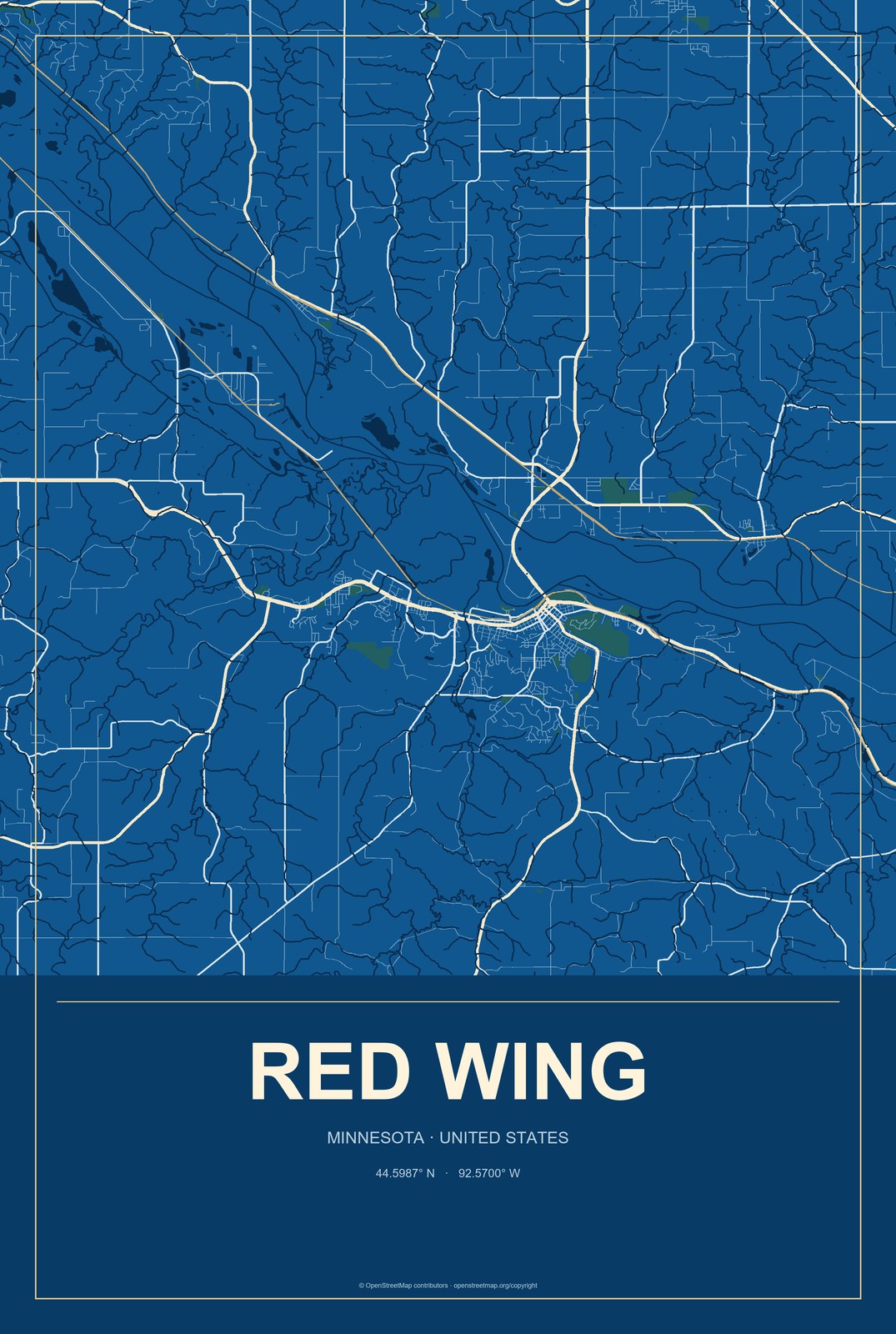 Red Wing, Minnesota City Map Aluminum Sign in Harbor Cobalt style