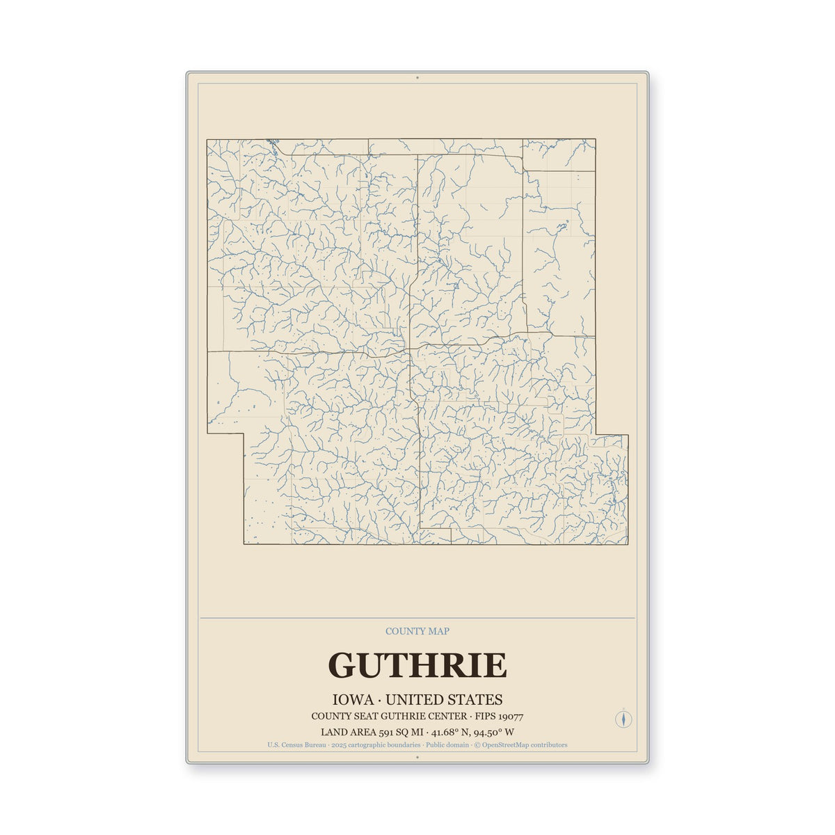 Guthrie County, Iowa Map Aluminum Sign in Heritage Nautical style