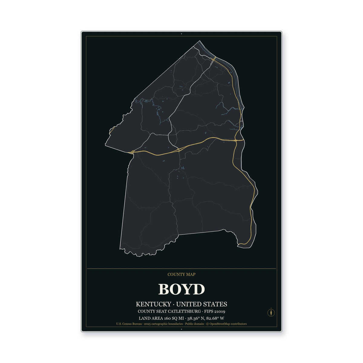 Boyd County, Kentucky Map Aluminum Sign in Metropolitan Noir style