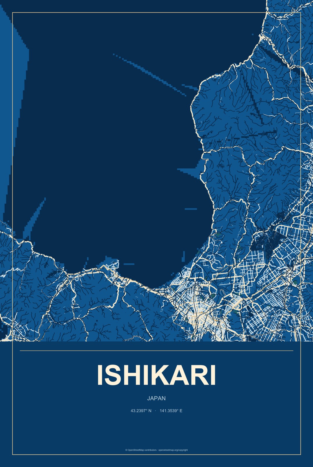 Ishikari, Japan City Map Aluminum Sign in Harbor Cobalt style
