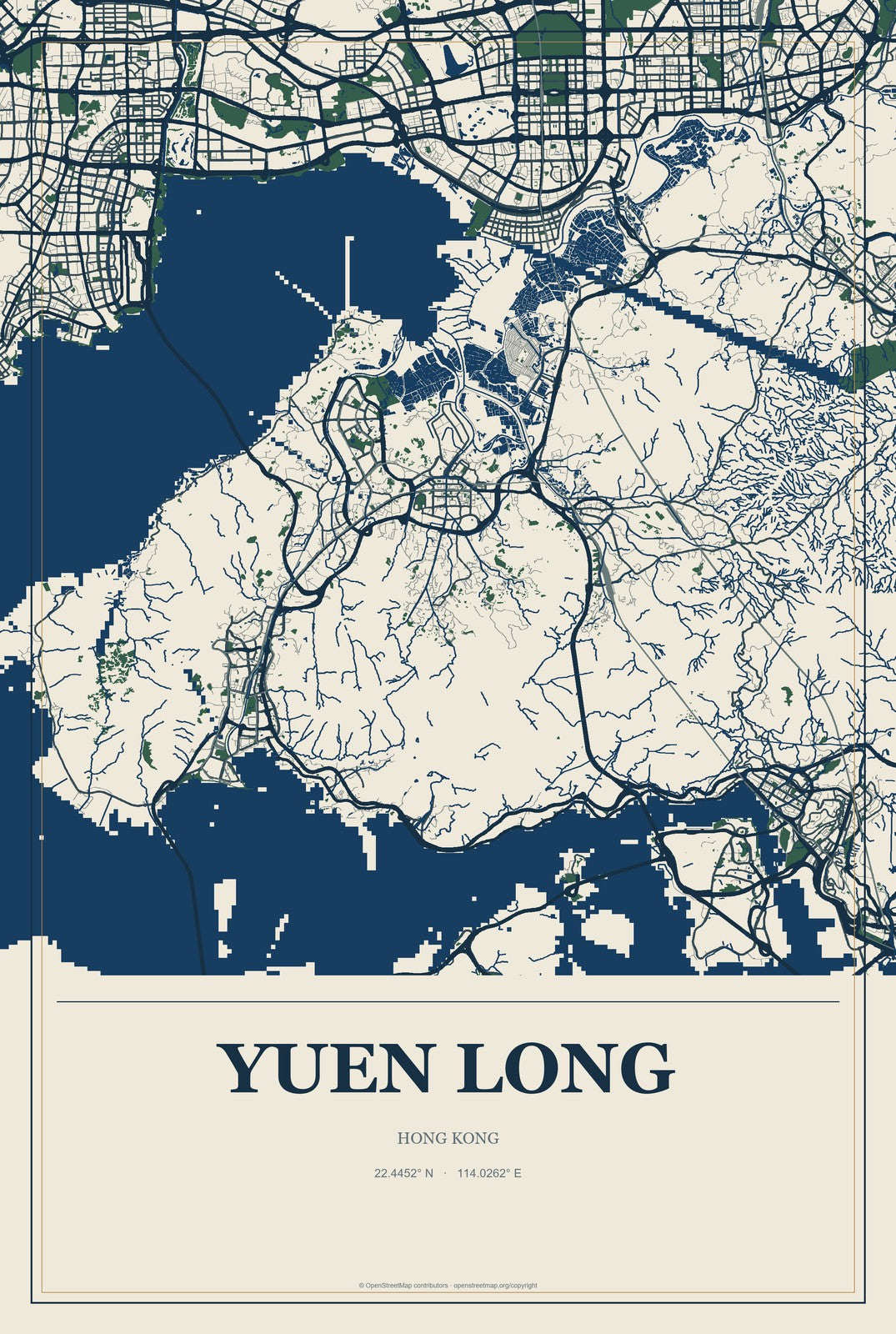 Yuen Long, Hong Kong City Map Aluminum Sign in Coastal Cutout style