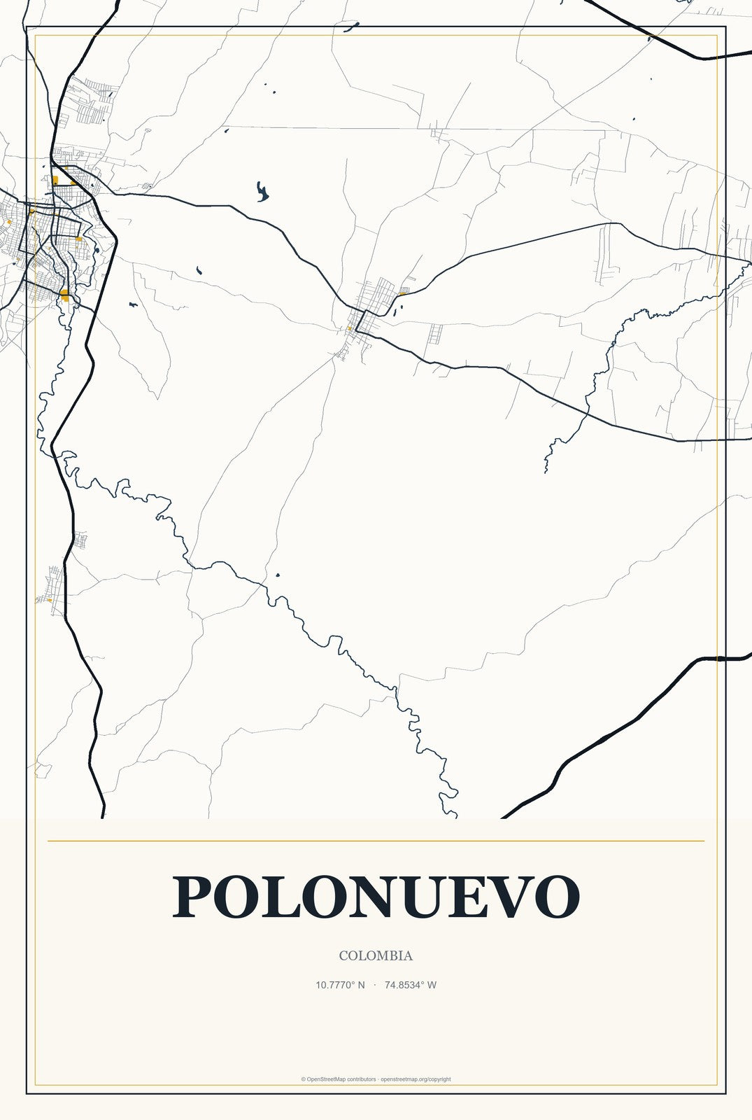Polonuevo, Colombia City Map Aluminum Sign in Citrine Modern style