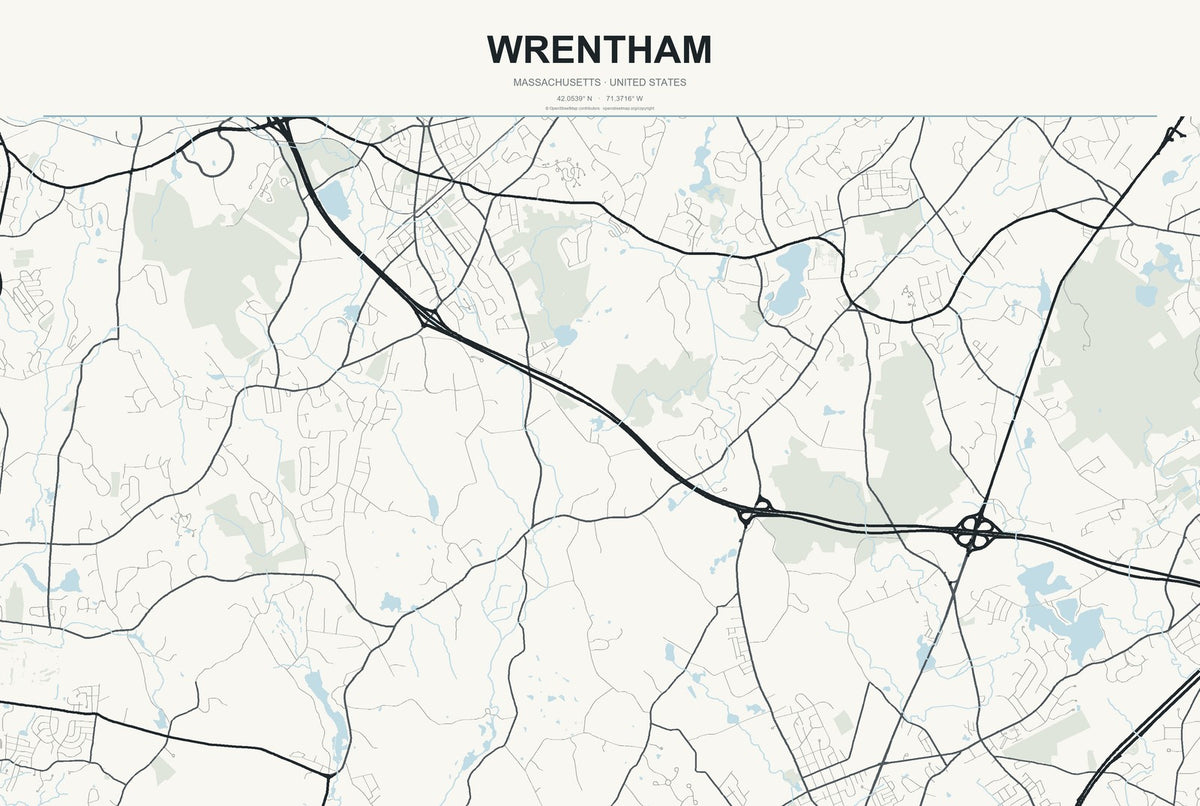 Wrentham, Massachusetts City Map Aluminum Sign in Headline Atlas style