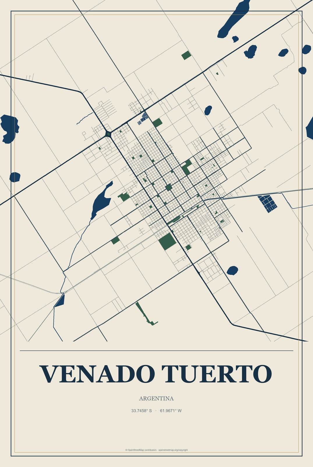 Venado Tuerto, Argentina City Map Aluminum Sign in Coastal Cutout style