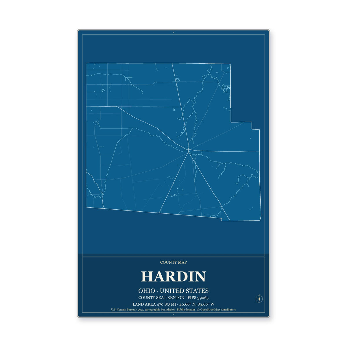 Hardin County, Ohio Map Aluminum Sign in Harbor Cobalt style