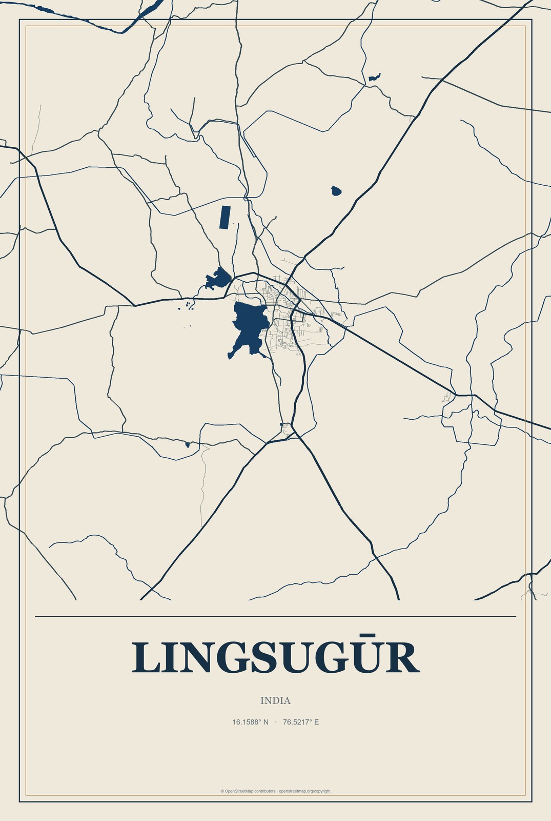 Lingsugūr, India City Map Aluminum Sign in Coastal Cutout style