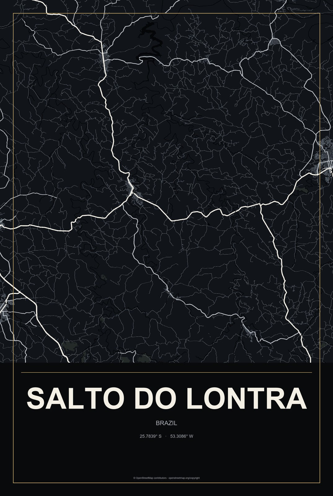 Salto do Lontra, Brazil City Map Aluminum Sign in Metropolitan Noir style