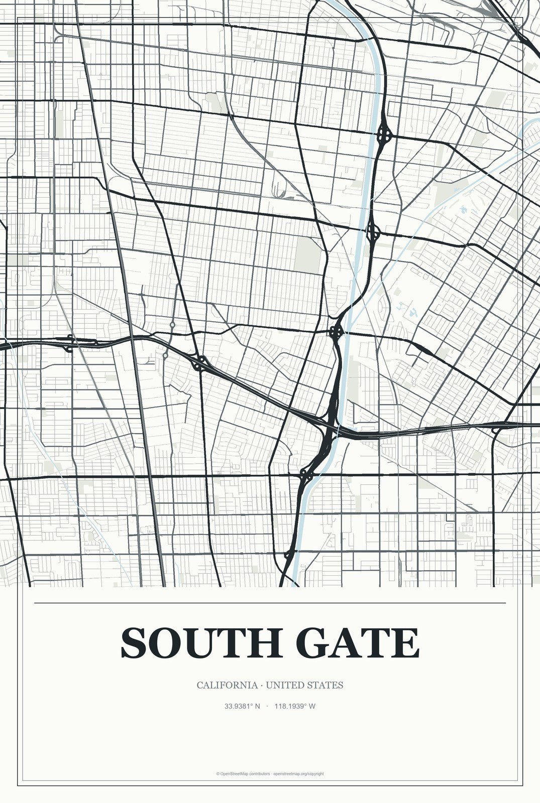 South Gate, California City Map Aluminum Sign in Gallery Air style