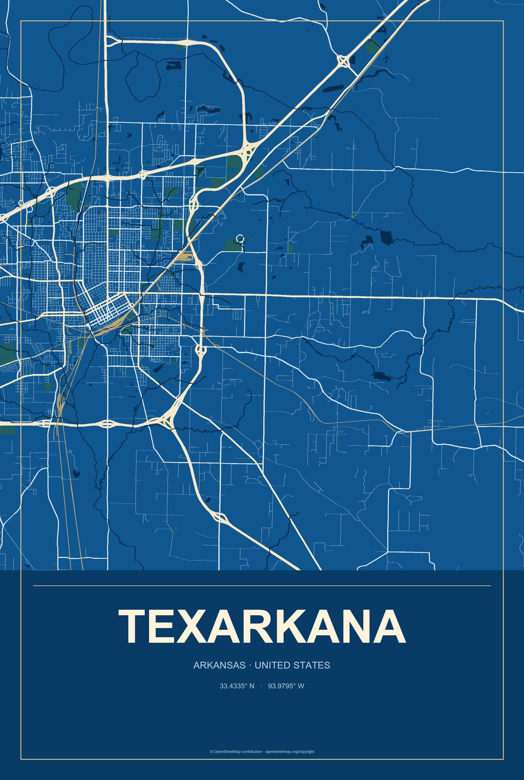 Texarkana, Arkansas City Map Aluminum Sign in Harbor Cobalt style