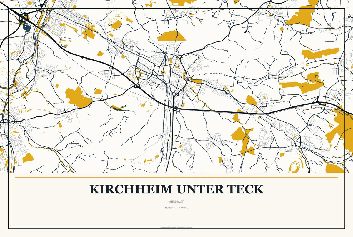 Kirchheim unter Teck, Germany City Map Aluminum Sign in Citrine Modern style