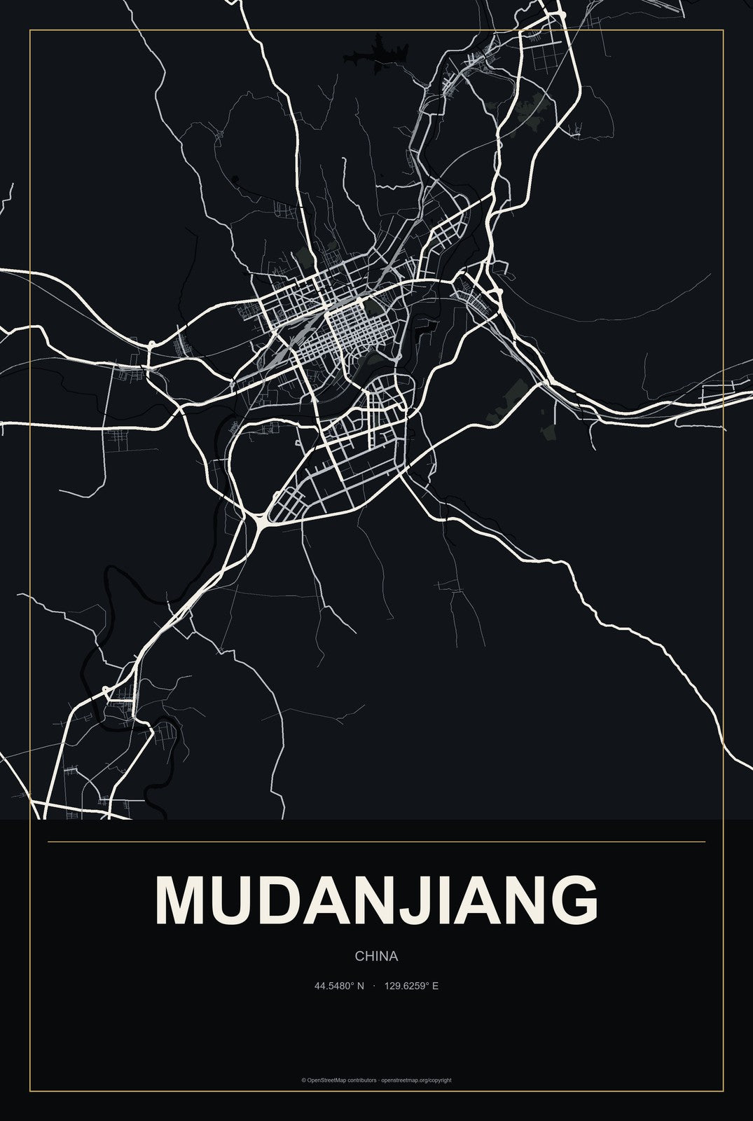 Mudanjiang, China City Map Aluminum Sign in Metropolitan Noir style