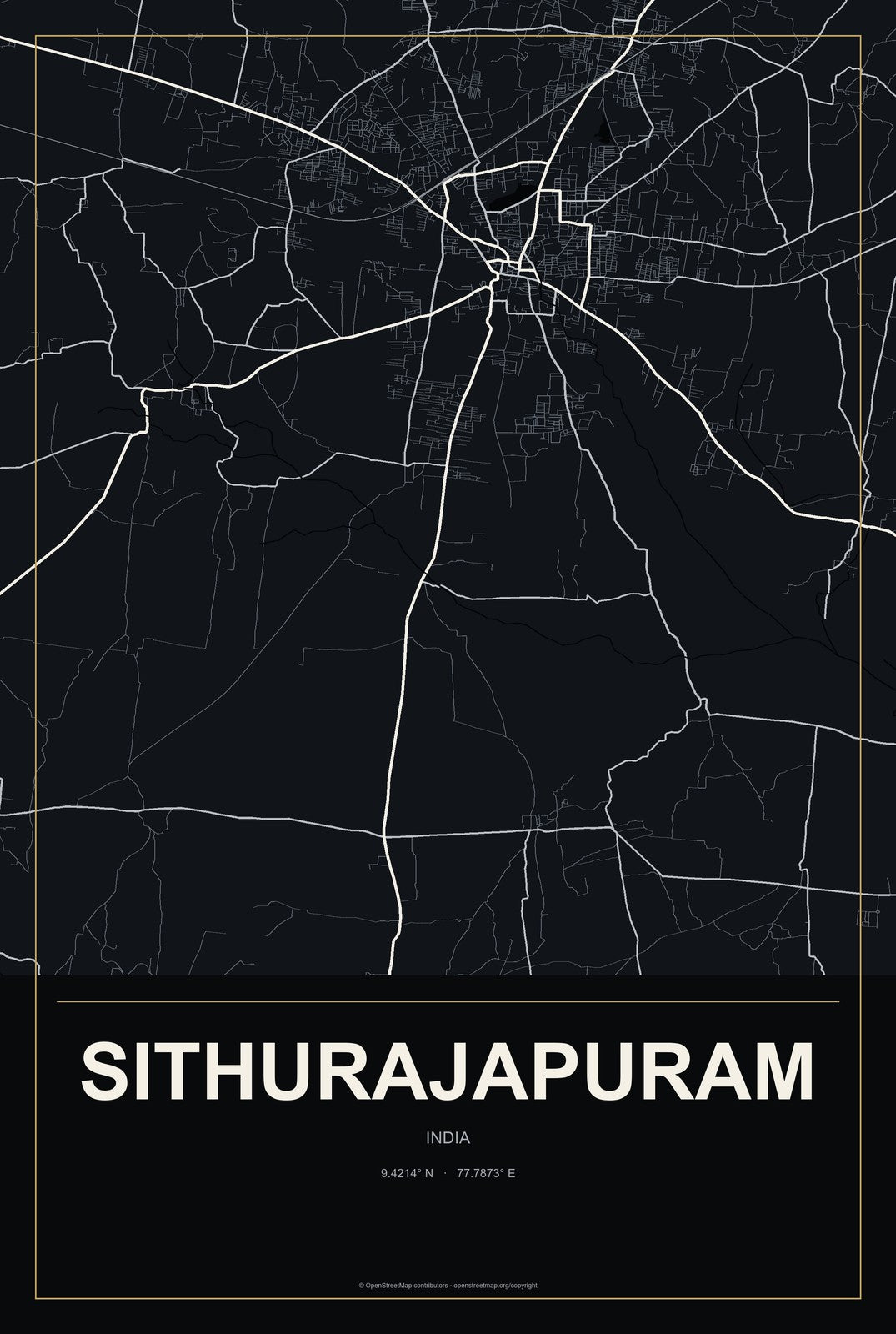 Sithurajapuram, India City Map Aluminum Sign in Metropolitan Noir style