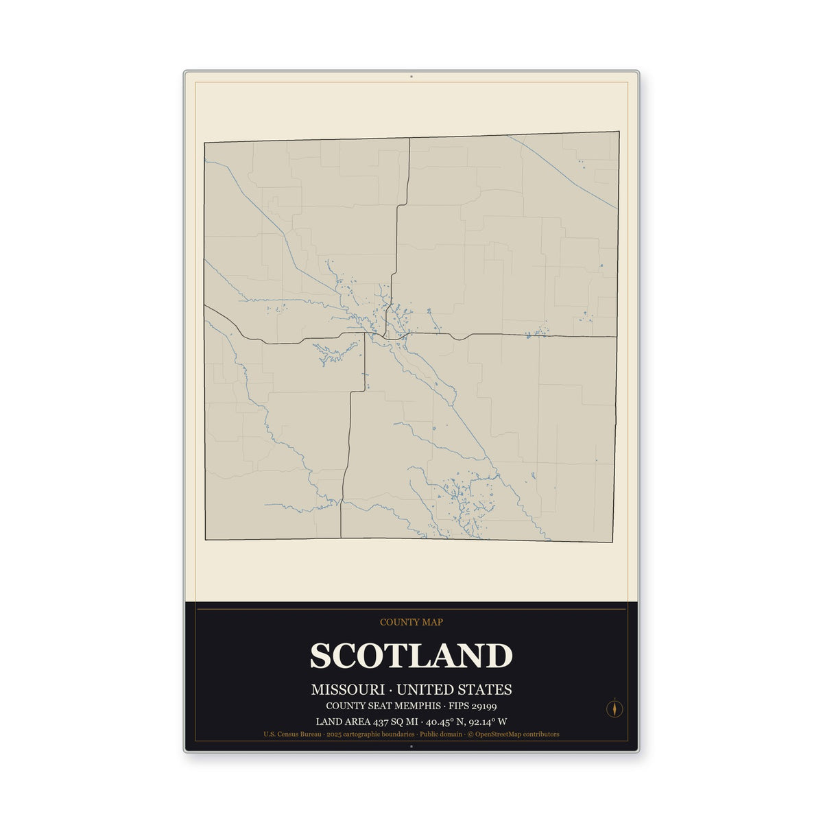 Scotland County, Missouri Map Aluminum Sign in Museum Plaque style