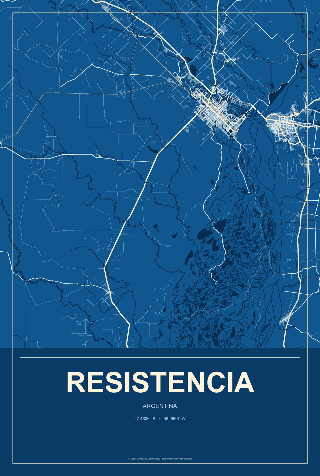 Resistencia, Argentina City Map Aluminum Sign in Harbor Cobalt style
