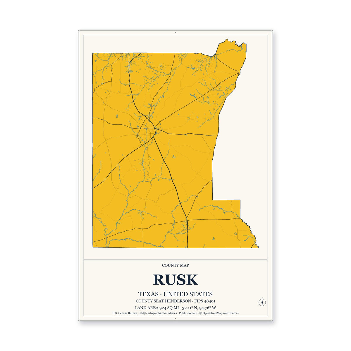 Rusk County, Texas Map Aluminum Sign in Citrine Modern style