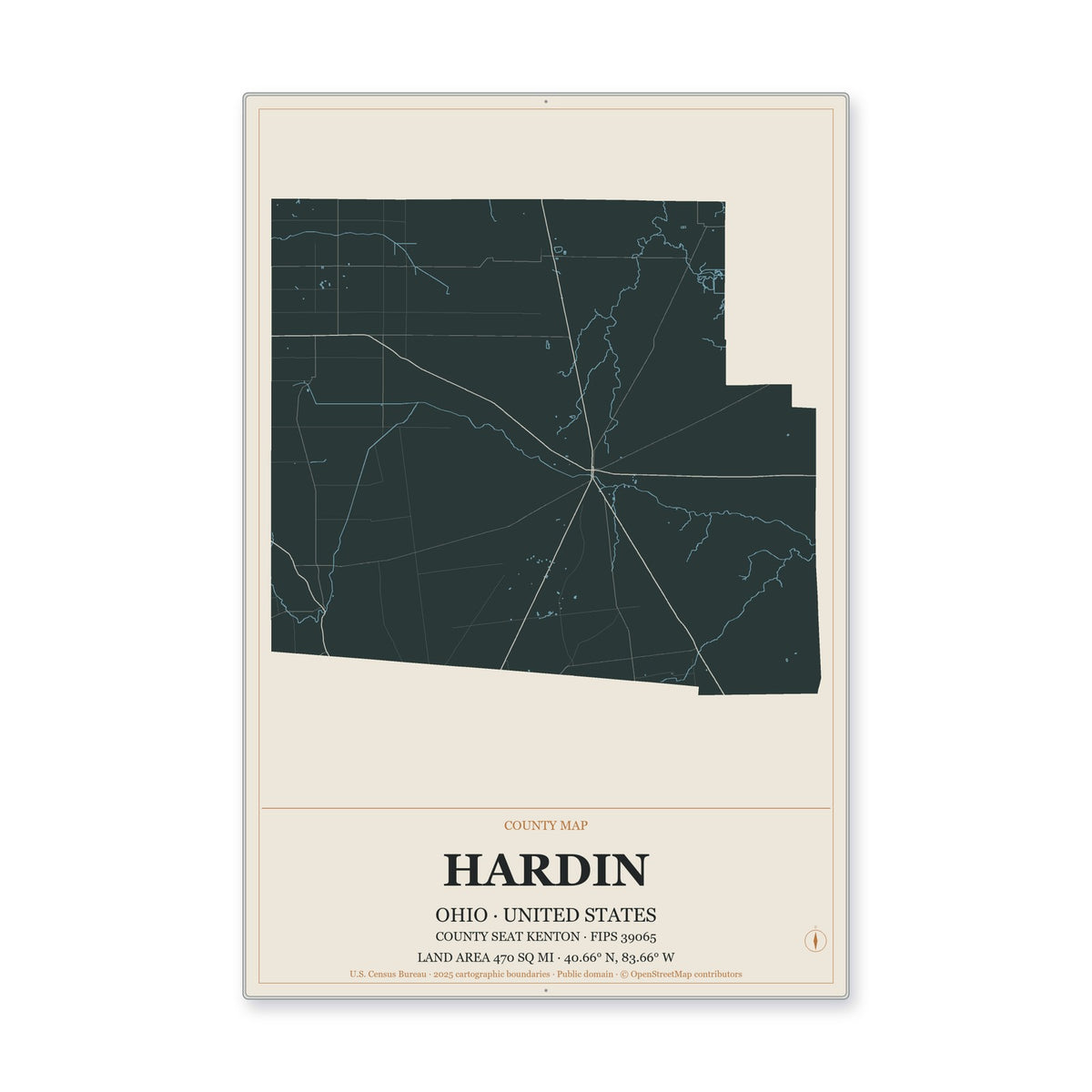 Hardin County, Ohio Map Aluminum Sign in Headline Atlas style
